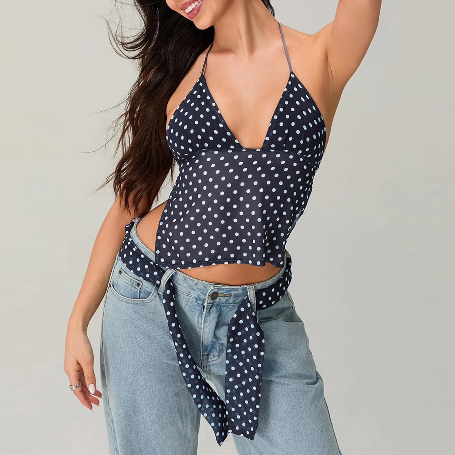 Women Backless Lace Up Halter Tulle Tank Top v Neck Dot Print Sleeveless Tie Up Mesh Cami Crop Top with Ribbon