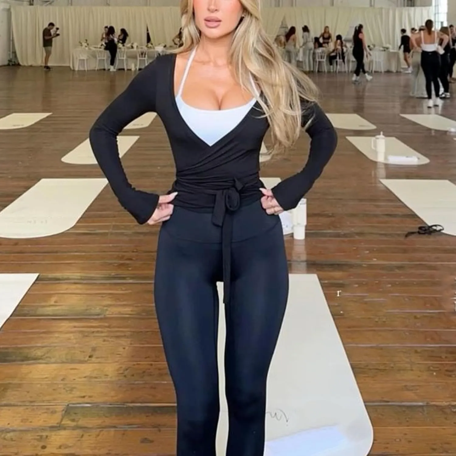 Women Ballet Wrap Top Yoga Pilates Wrap Shirt Long Sleeve Slim Fit Workout Dance Top Front Tie Strap Strechy Ballerina Blouse