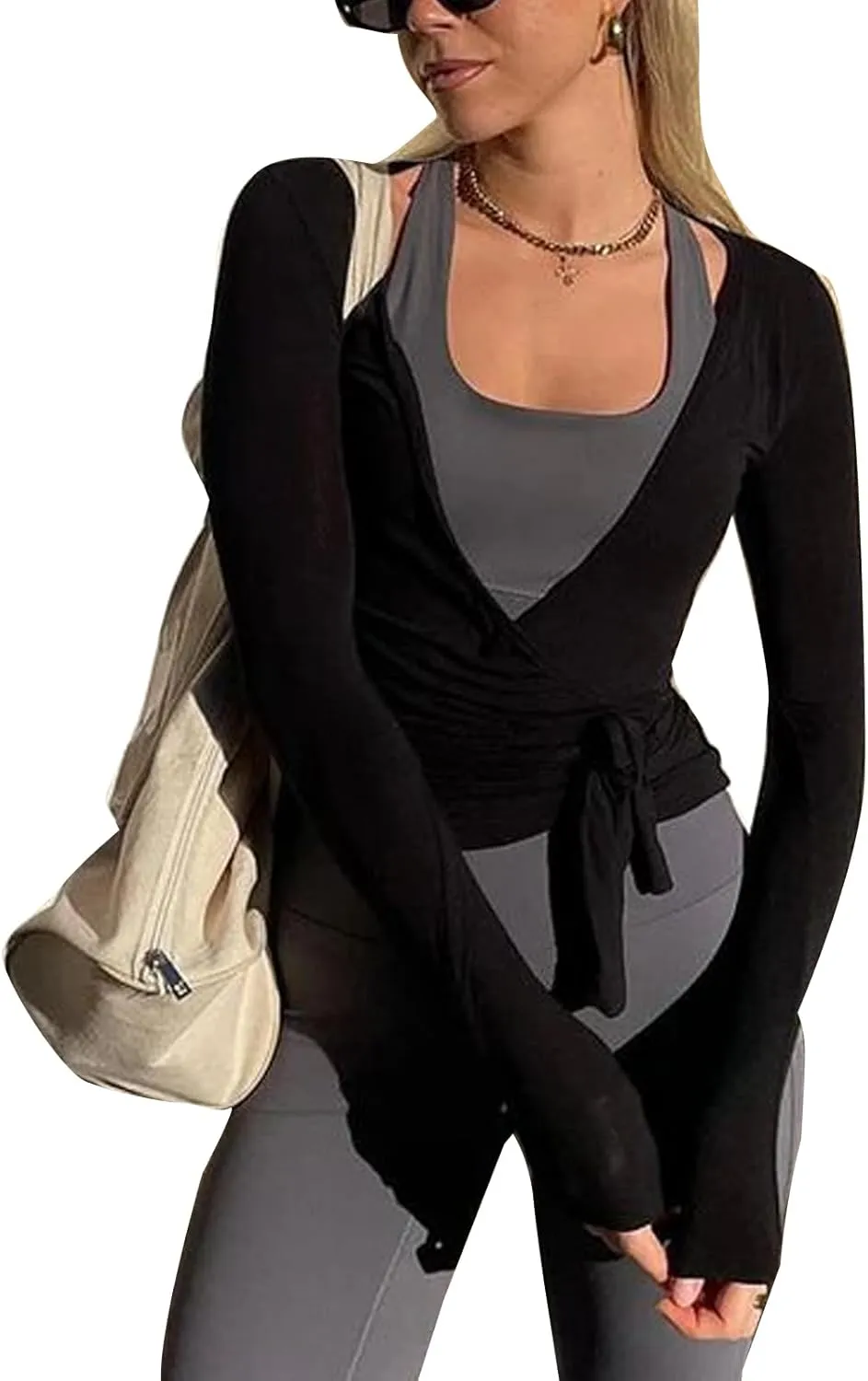 Women Ballet Wrap Top Yoga Pilates Wrap Shirt Long Sleeve Slim Fit Workout Dance Top Front Tie Strap Strechy Ballerina Blouse