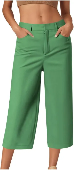 Women Basic Dress Capri Pants Summer Business Casual Work Straight Leg Pant High Waist Stretchy Trousers Loose Office Bottom