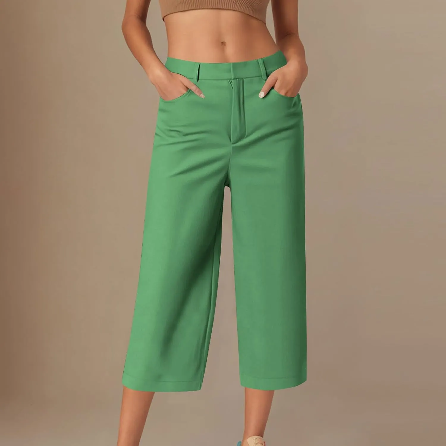 Women Basic Dress Capri Pants Summer Business Casual Work Straight Leg Pant High Waist Stretchy Trousers Loose Office Bottom