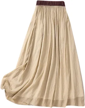 Women Bohemian Beach A-Line Skirts Cotton Linen Elastic Waist Long Maxi Skirt Summer Casual Flowy Skirts Travel Wear
