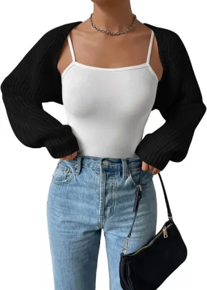 Women Bolero Shrug Sweater Open Front Long Sleeve Crop Cardigan Sweater Drop Shoulder Knit Bolero Shrug