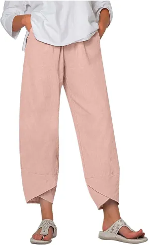 Women Capri Pants 2025 Cotton Linen Wide Leg Capris Casual Summer Cropped Pants Beach Elastic Waist Baggy Trousers