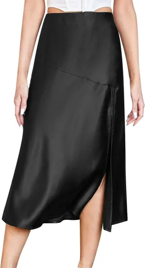 Women Casual High Waist Glossy Satin Solid Color Slit Maxi Skirt Long Skirt with Pockets Tummy