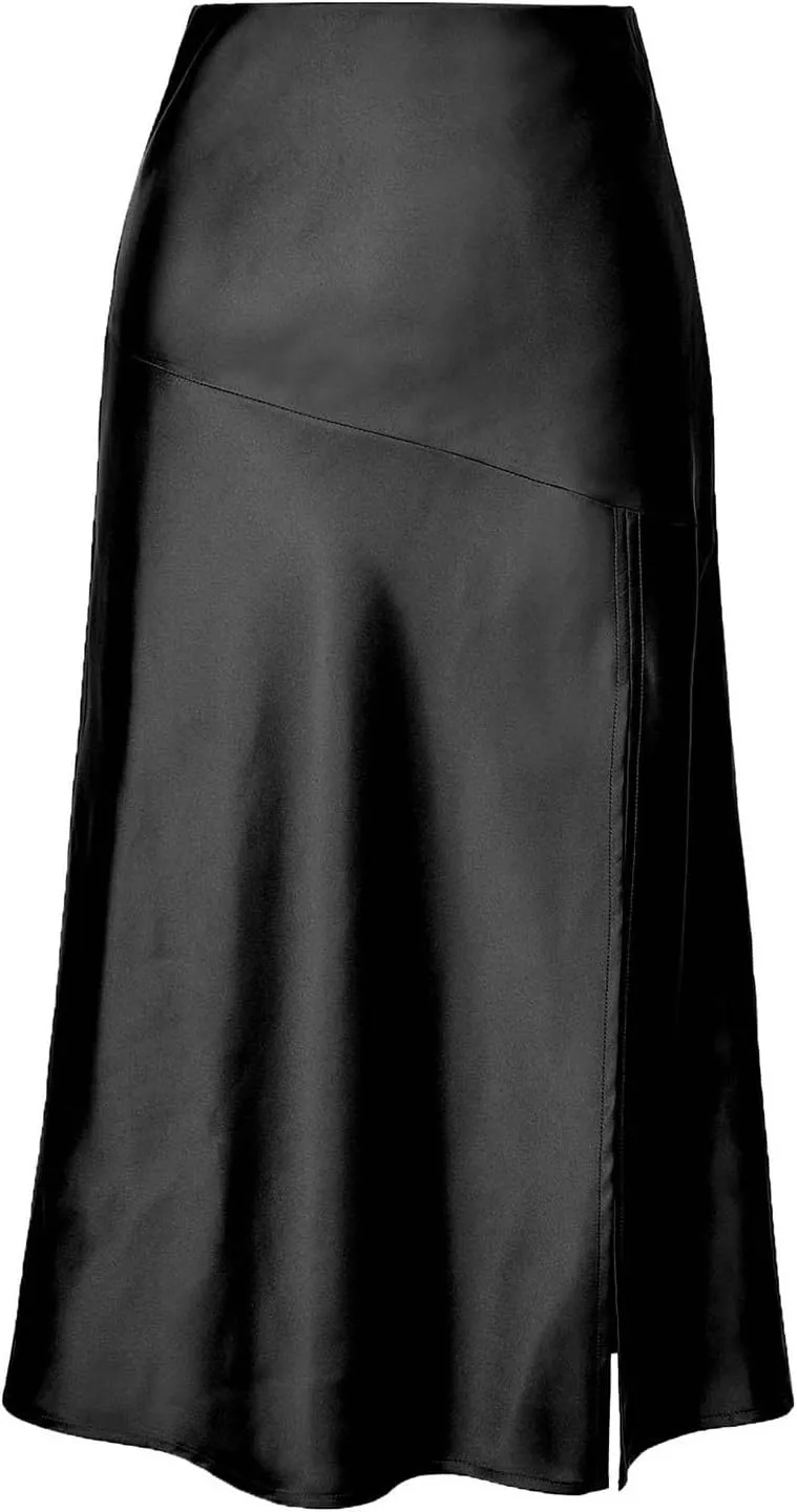 Women Casual High Waist Glossy Satin Solid Color Slit Maxi Skirt Long Skirt with Pockets Tummy