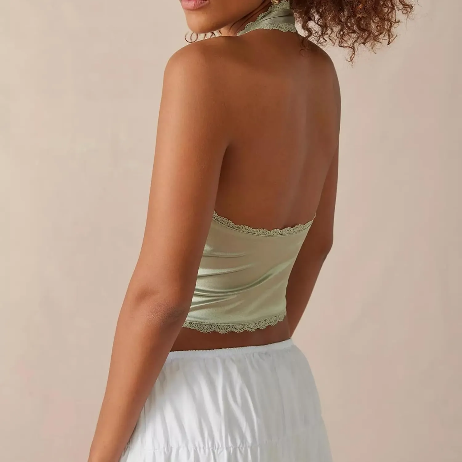 Women Deep v Neck Bowtie Halter Cami Vest Solid Color Sleeveless Satin Tank Top Bodycon Backless Going Out Top
