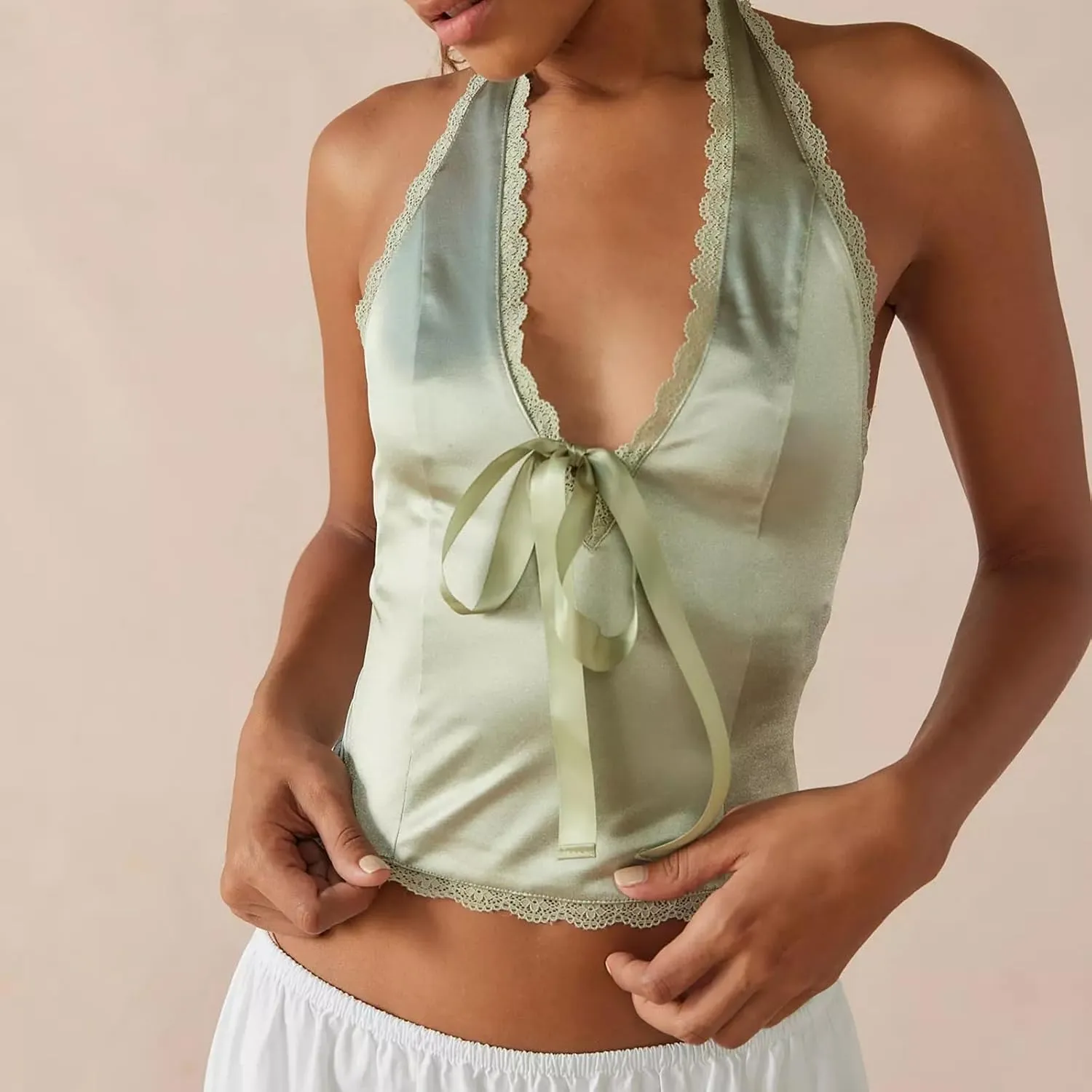 Women Deep v Neck Bowtie Halter Cami Vest Solid Color Sleeveless Satin Tank Top Bodycon Backless Going Out Top