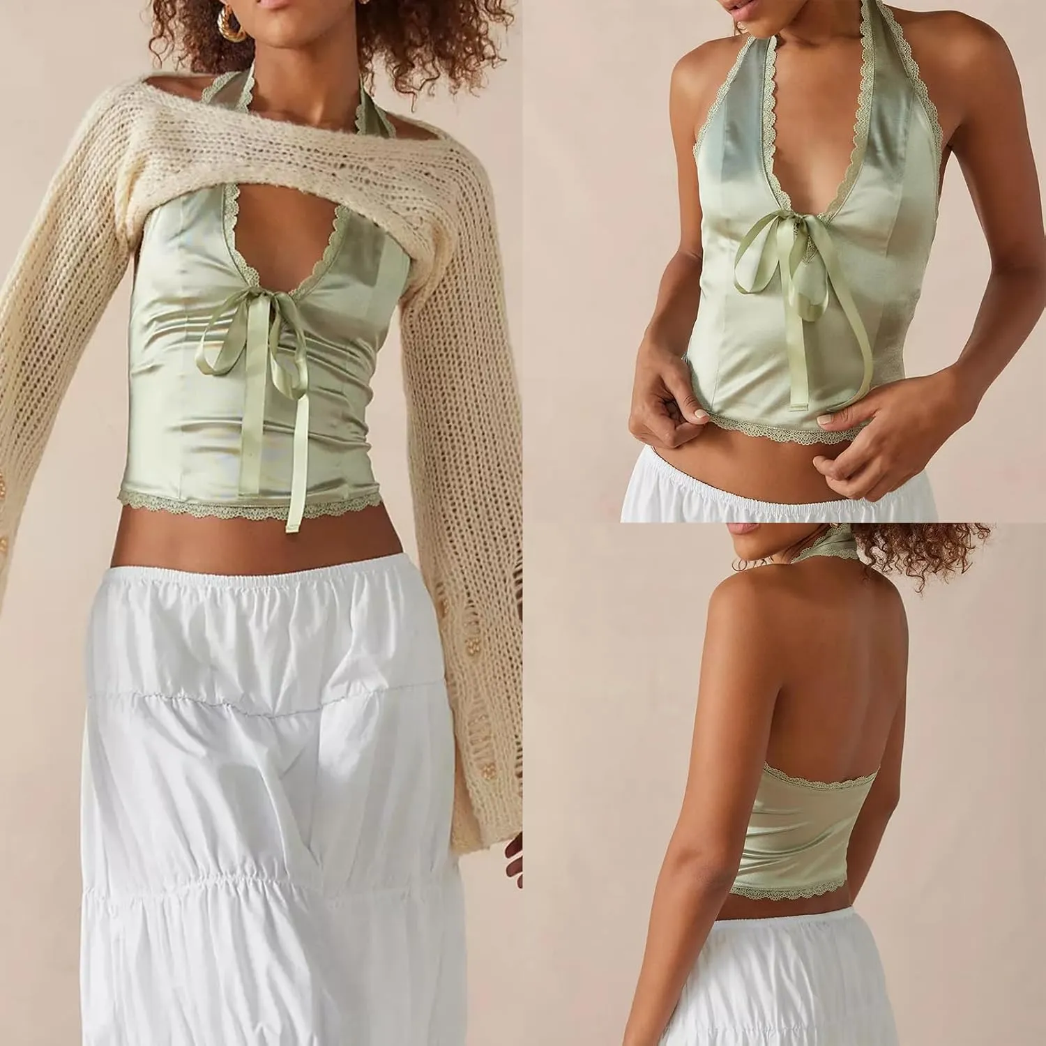 Women Deep v Neck Bowtie Halter Cami Vest Solid Color Sleeveless Satin Tank Top Bodycon Backless Going Out Top
