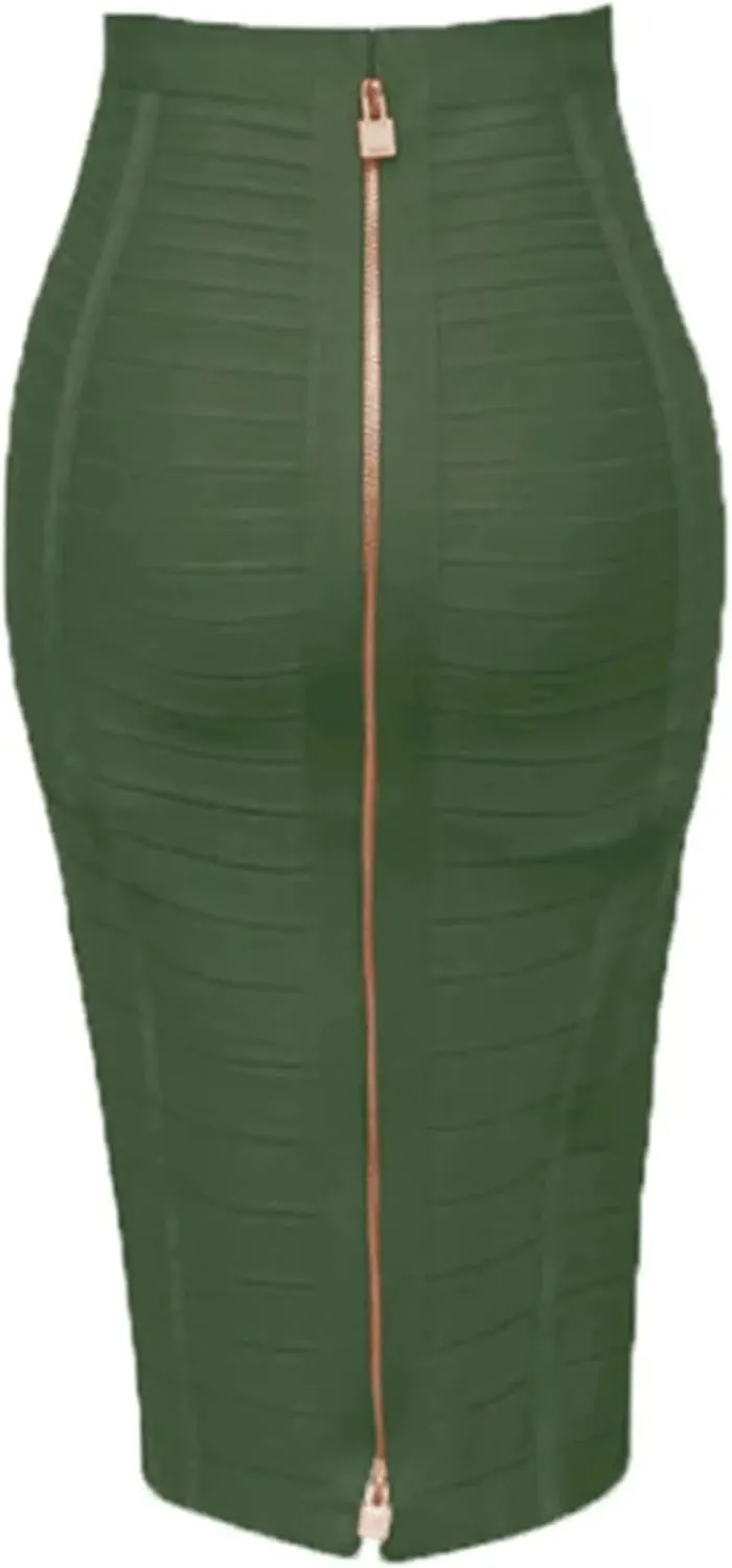 Women Elastic Bodycon Pencil Skirt Solid Zipper Bandage Medium Strecth Skirt