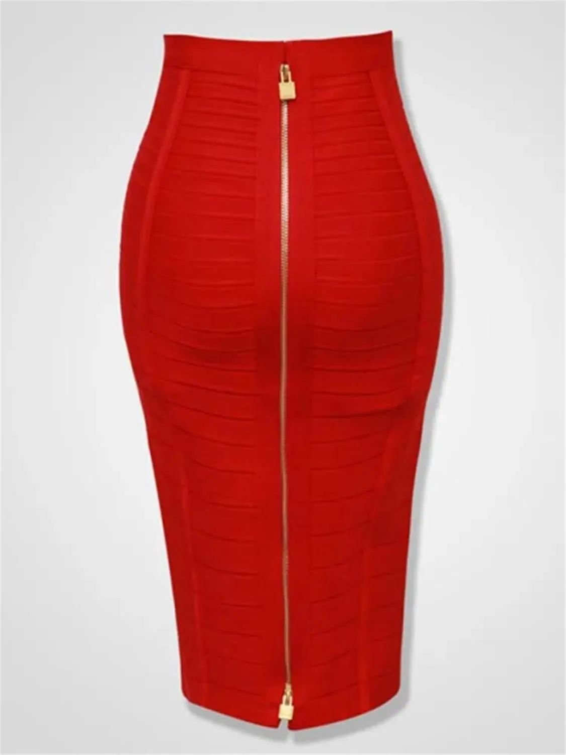 Women Elastic Bodycon Pencil Skirt Solid Zipper Bandage Medium Strecth Skirt