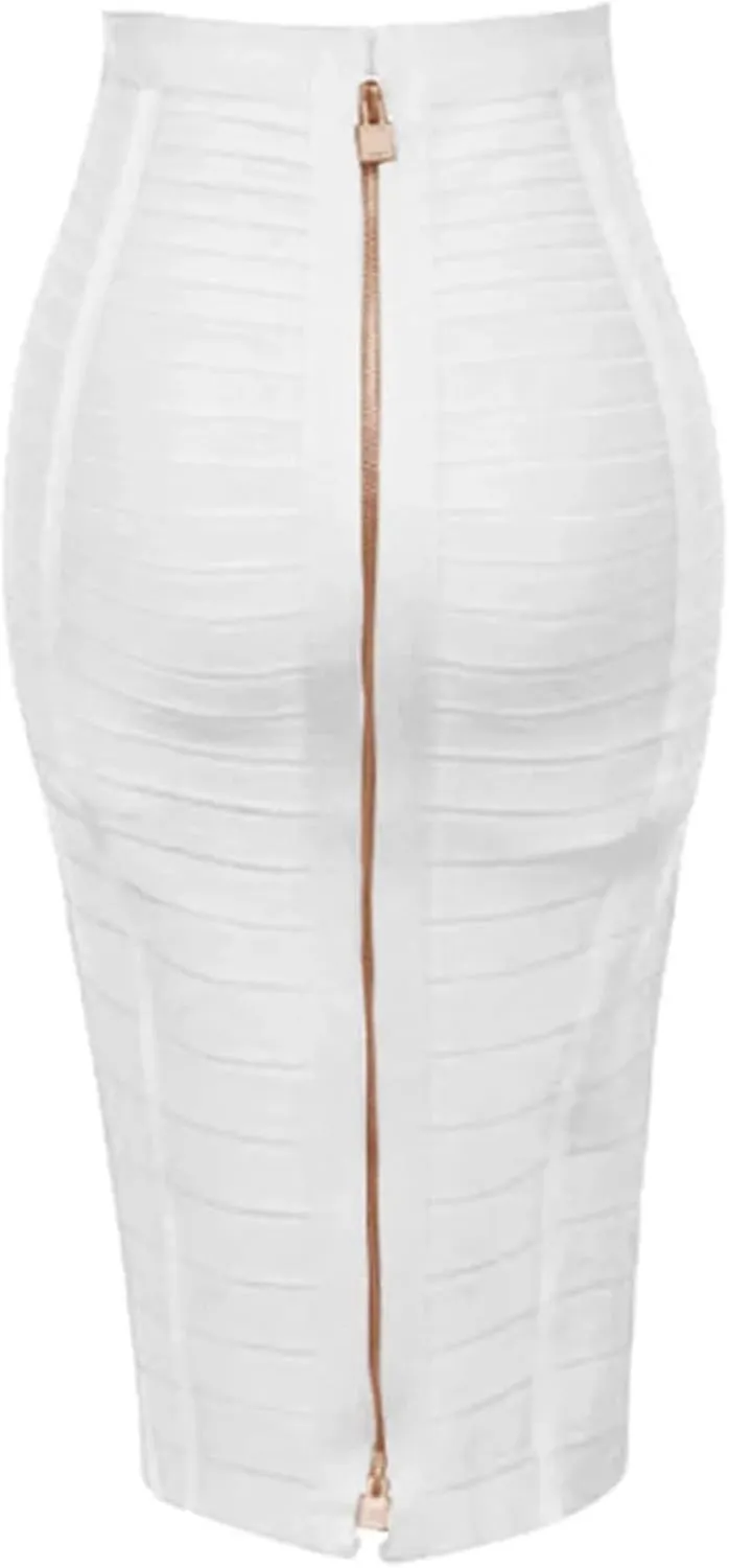 Women Elastic Bodycon Pencil Skirt Solid Zipper Bandage Medium Strecth Skirt
