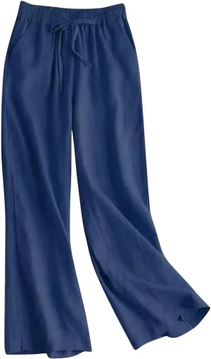 Women Fashion Solid Color Cotton Elastic Long Pants Beach Leisure Trousers