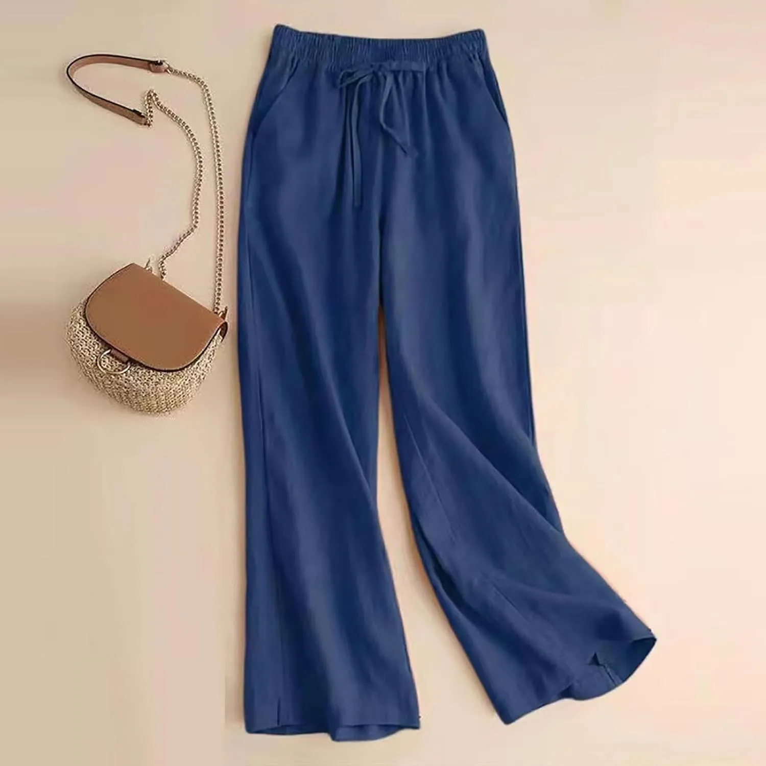 Women Fashion Solid Color Cotton Elastic Long Pants Beach Leisure Trousers