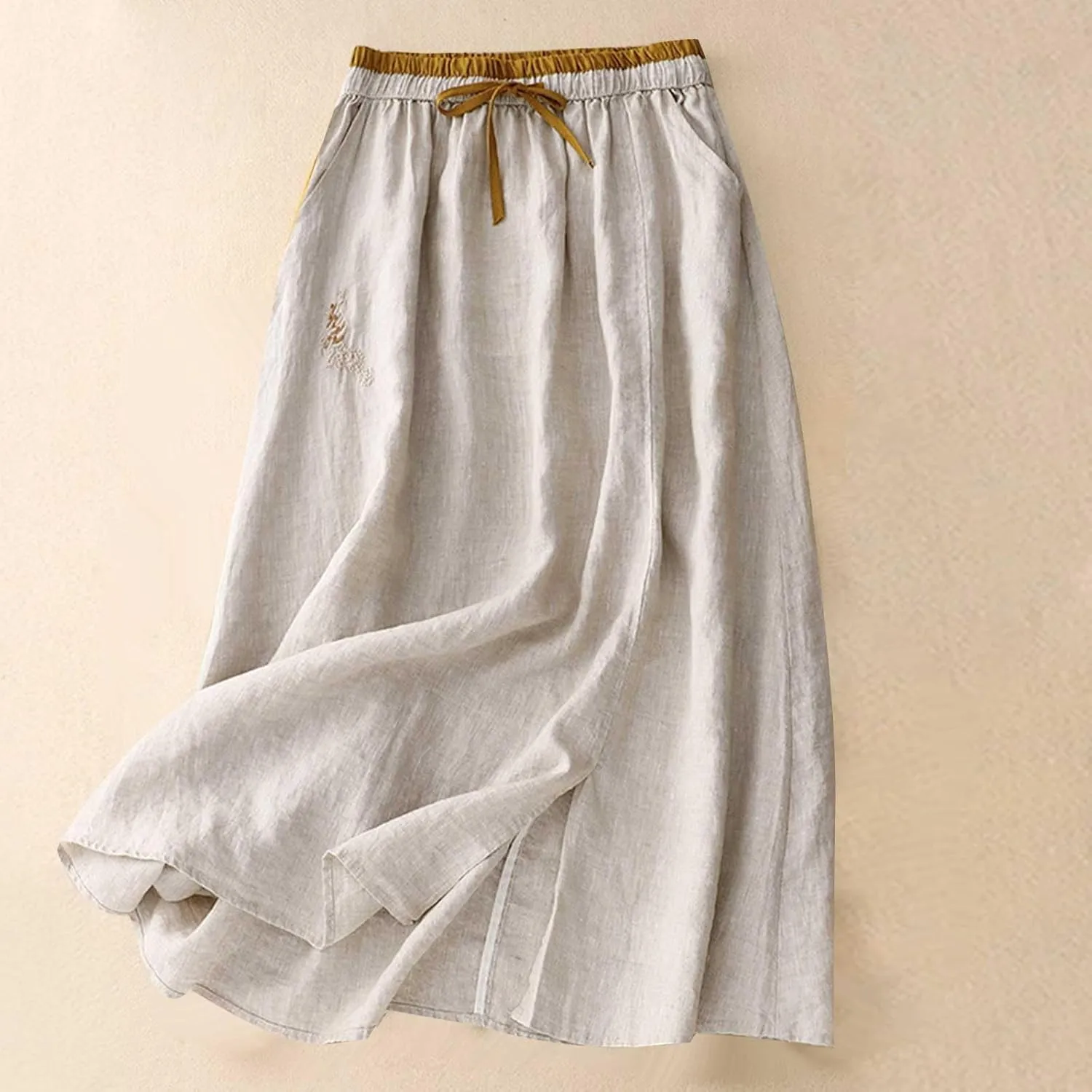 Women Floral Embroidered Midi Skirt Summer Cotton Linen Pleated A-Line Skirts Elastic High Waist Split Beach Skirt