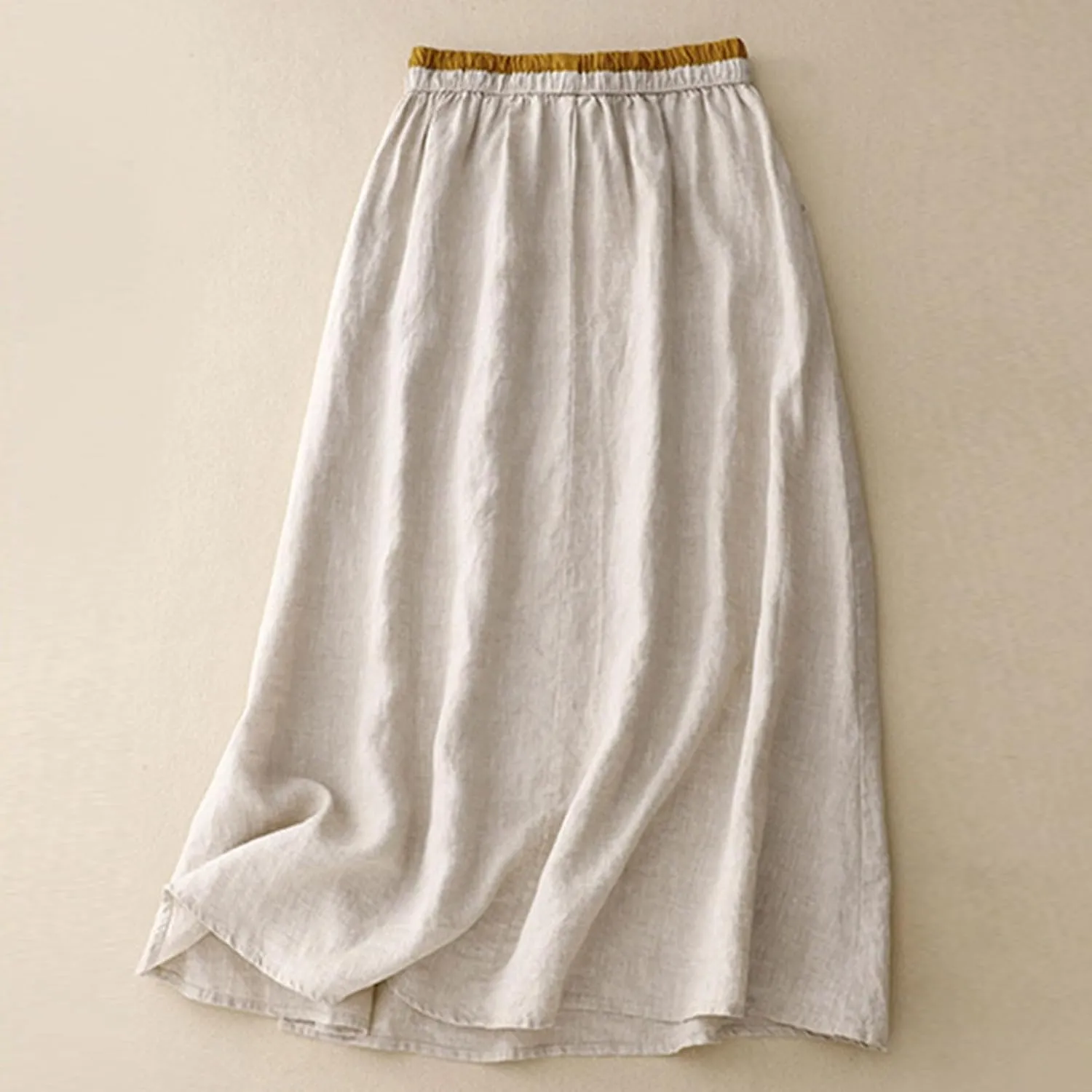Women Floral Embroidered Midi Skirt Summer Cotton Linen Pleated A-Line Skirts Elastic High Waist Split Beach Skirt