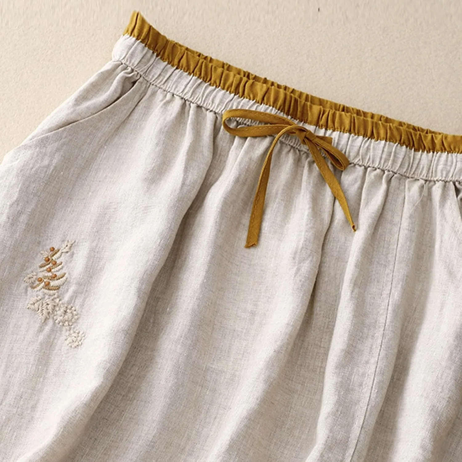 Women Floral Embroidered Midi Skirt Summer Cotton Linen Pleated A-Line Skirts Elastic High Waist Split Beach Skirt