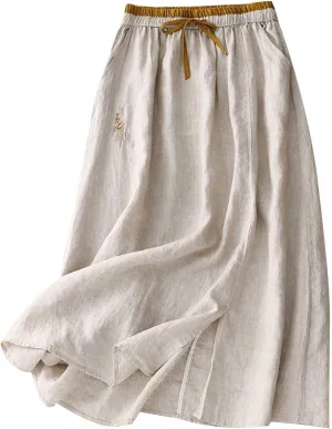 Women Floral Embroidered Midi Skirt Summer Cotton Linen Pleated A-Line Skirts Elastic High Waist Split Beach Skirt
