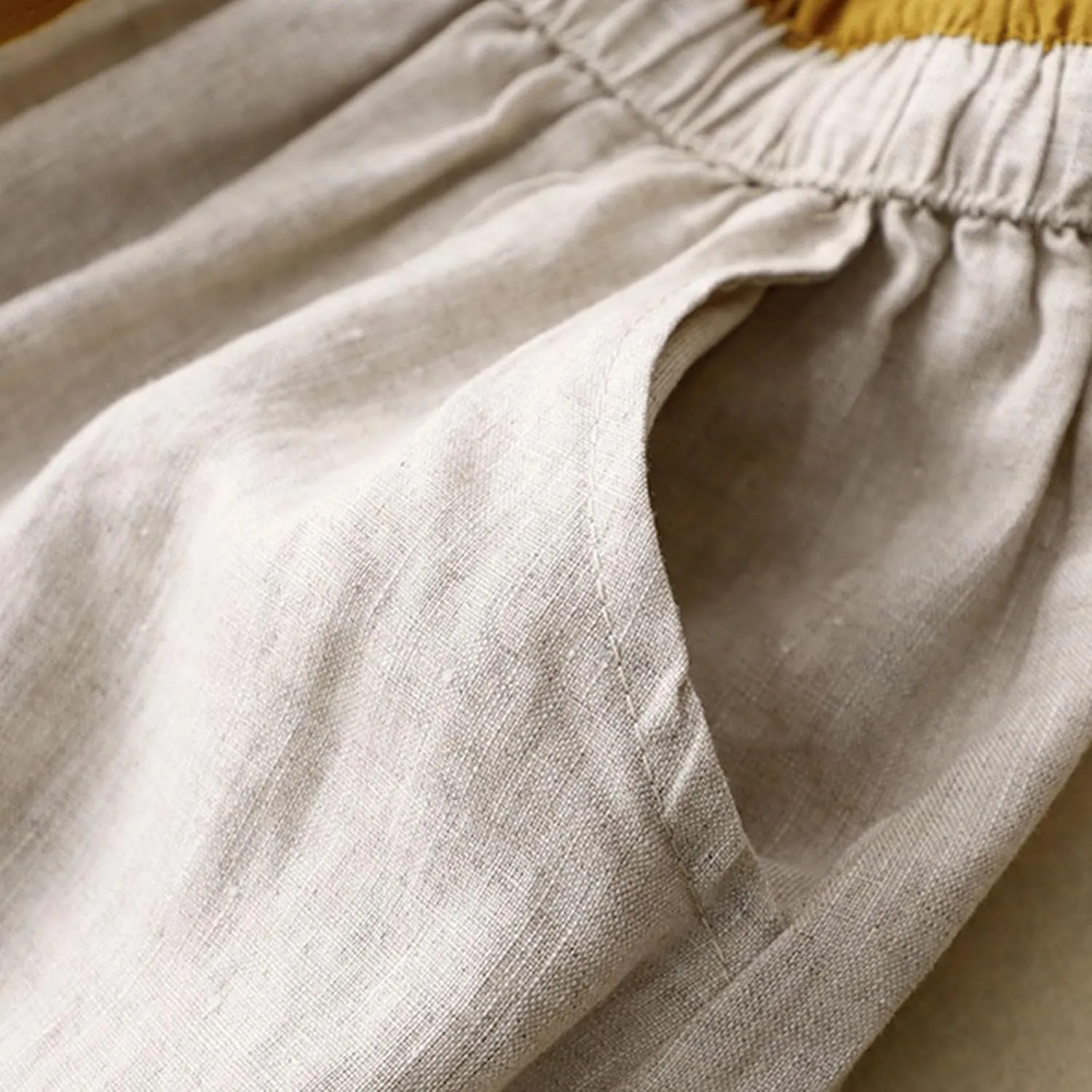 Women Floral Embroidered Midi Skirt Summer Cotton Linen Pleated A-Line Skirts Elastic High Waist Split Beach Skirt