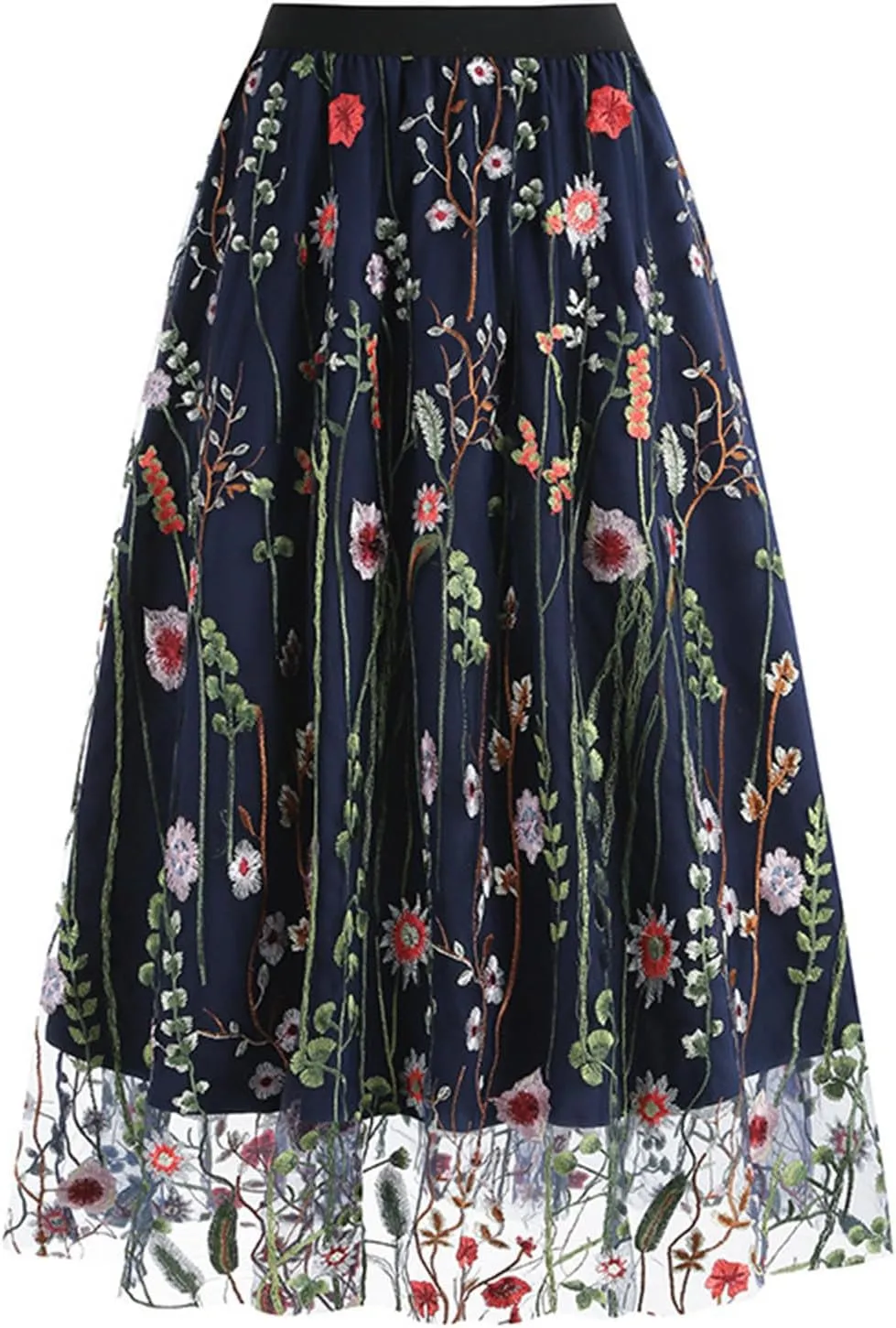 Women Floral Embroidered Tulle Skirts Mesh A-Line Layered Midi Skirt Elastic High Waist Swing Pleated Vintage Skirts
