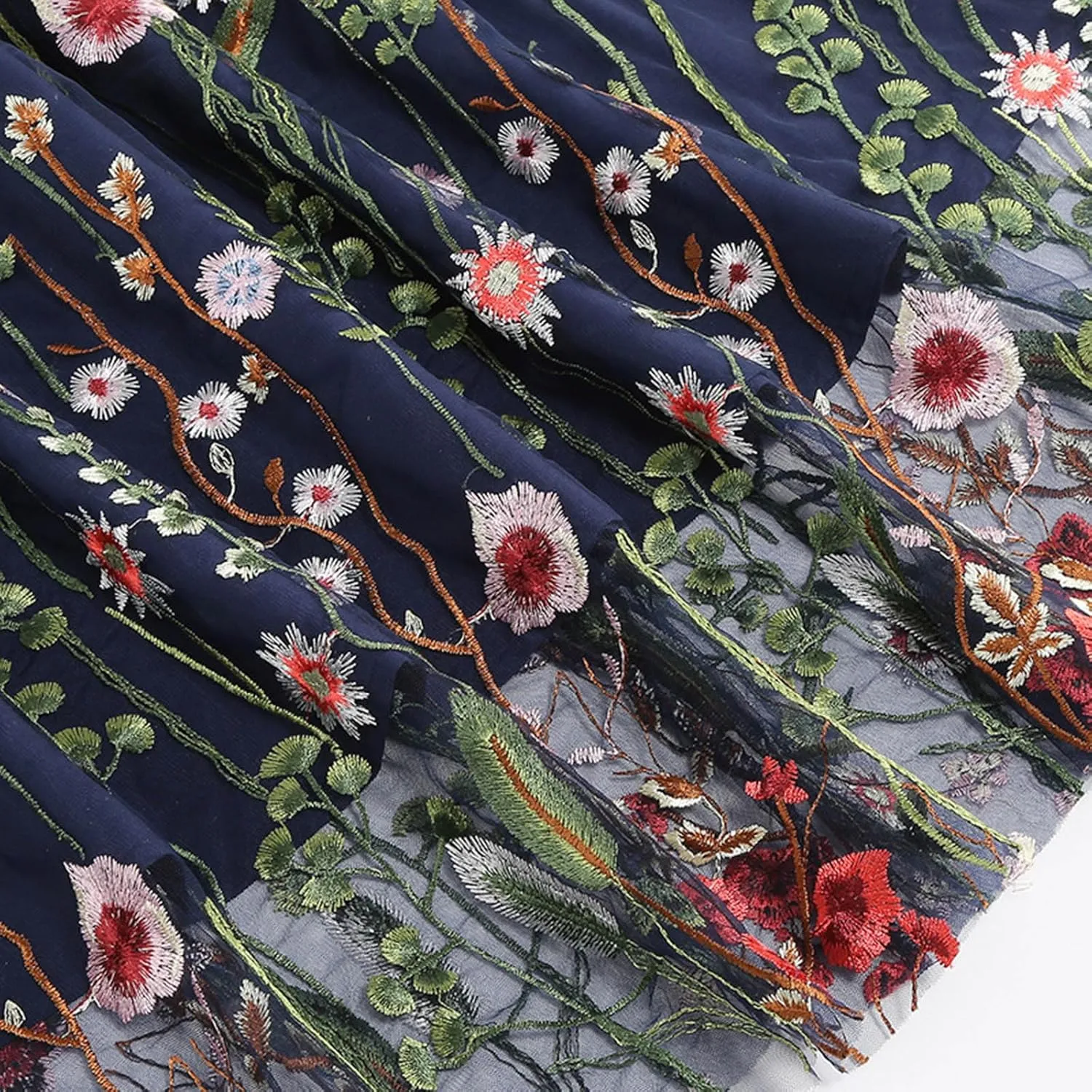 Women Floral Embroidered Tulle Skirts Mesh A-Line Layered Midi Skirt Elastic High Waist Swing Pleated Vintage Skirts