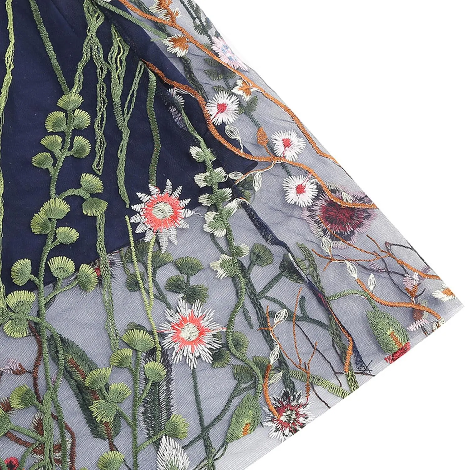 Women Floral Embroidered Tulle Skirts Mesh A-Line Layered Midi Skirt Elastic High Waist Swing Pleated Vintage Skirts