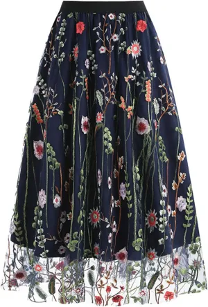 Women Floral Embroidered Tulle Skirts Mesh A-Line Layered Midi Skirt Elastic High Waist Swing Pleated Vintage Skirts
