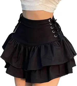 Women Gothic Skirt Fairy Grunge Aesthetic Mall Goth Mini Skirts 2000s E Girl Clothing Fluffy Ruffle Lace-Up
