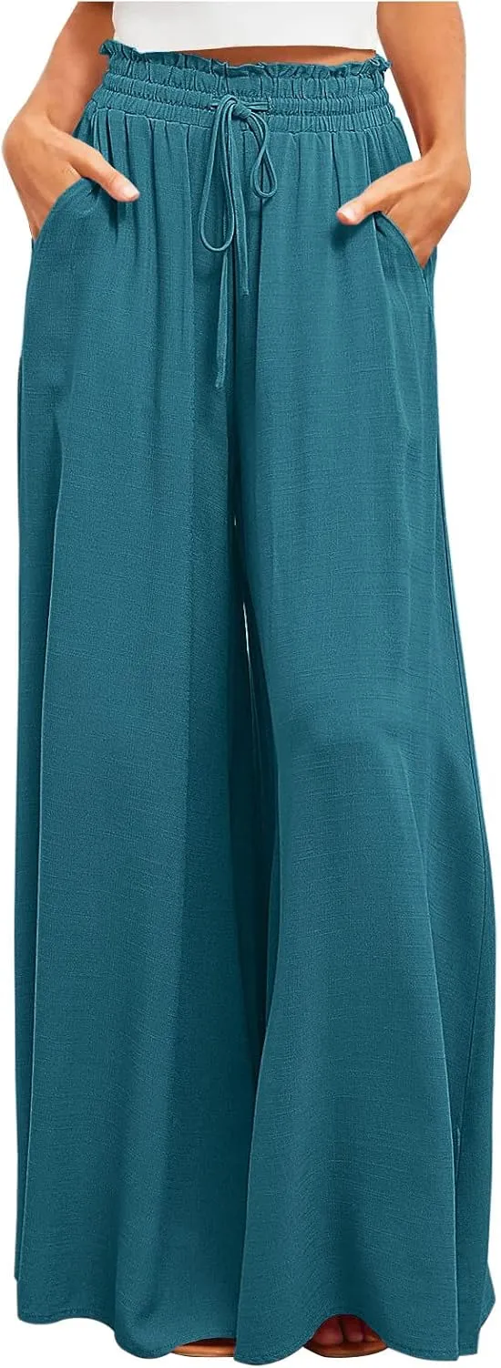 Women High Waist Wide Leg Palazzo Pants Dressy Casual Flowy Pants Loose 2024 Fall Long Lounge Trousers with Pockets
