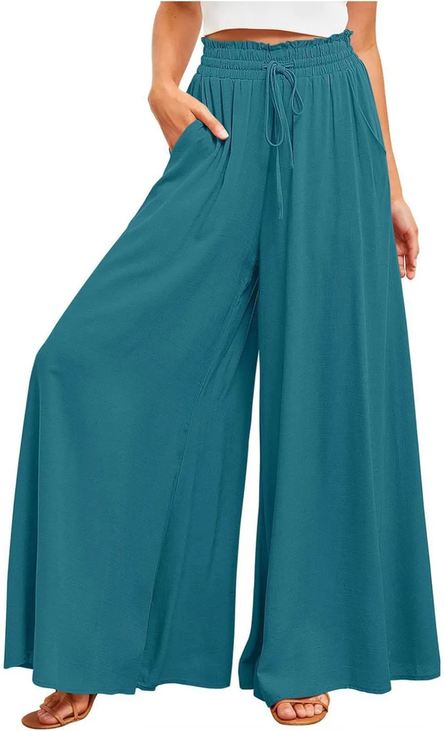 Women High Waist Wide Leg Palazzo Pants Dressy Casual Flowy Pants Loose 2024 Fall Long Lounge Trousers with Pockets