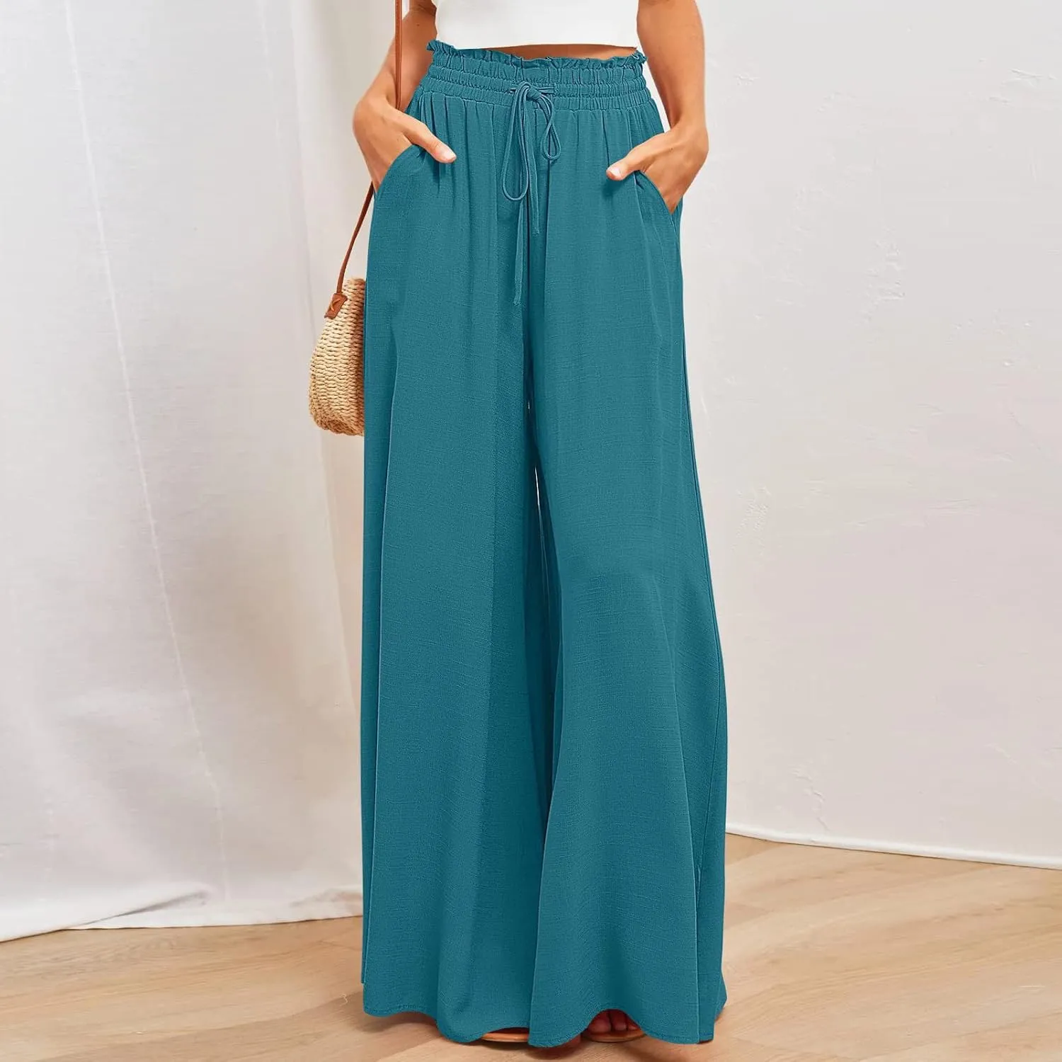 Women High Waist Wide Leg Palazzo Pants Dressy Casual Flowy Pants Loose 2024 Fall Long Lounge Trousers with Pockets