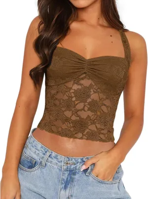 Women Lace Halter Top Mesh See Through V Neck Sexy Going Out Crop Top Y2k Cute Party Tops Summer Camisoles Tank