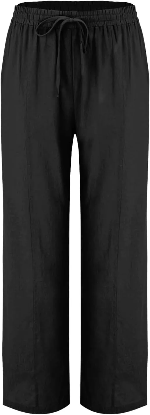 Women Linen Cotton Casual Pants Palazzo Drawstring Pockets Elastic Waist Wide Straight Leg Loose Long Slacks Trousers