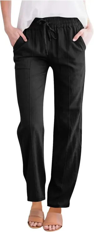 Women Linen Cotton Casual Pants Palazzo Drawstring Pockets Elastic Waist Wide Straight Leg Loose Long Slacks Trousers