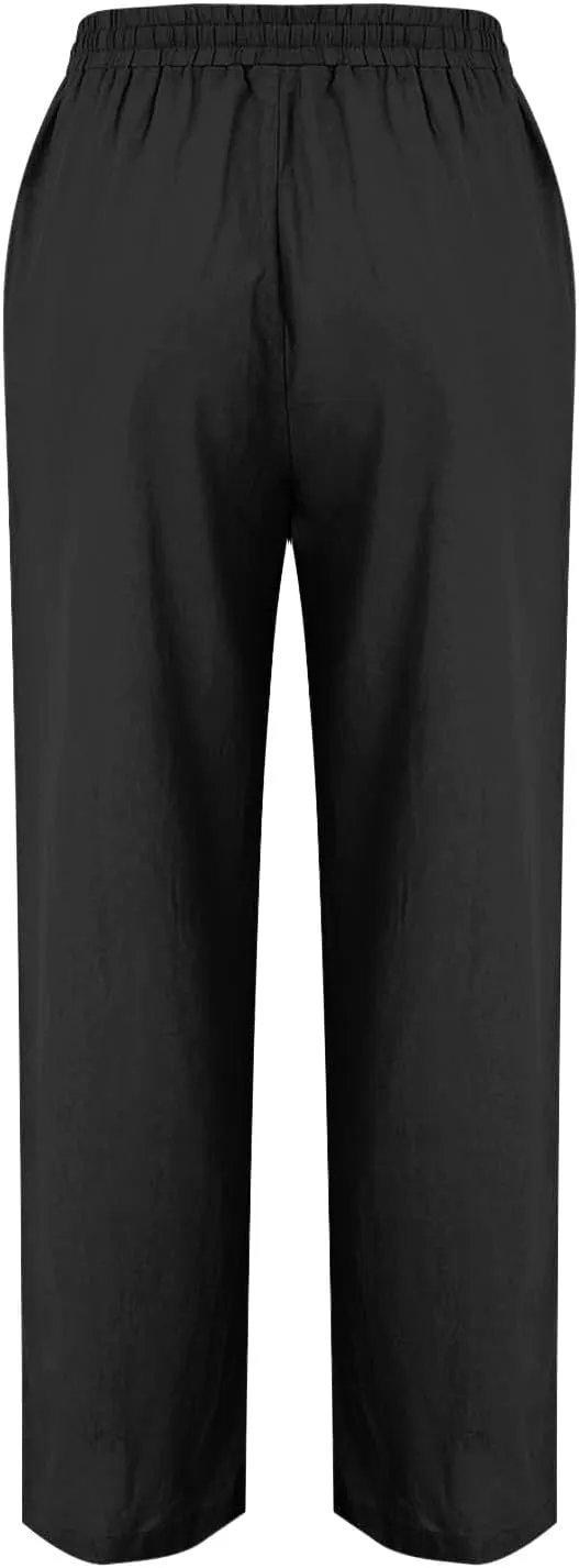 Women Linen Cotton Casual Pants Palazzo Drawstring Pockets Elastic Waist Wide Straight Leg Loose Long Slacks Trousers