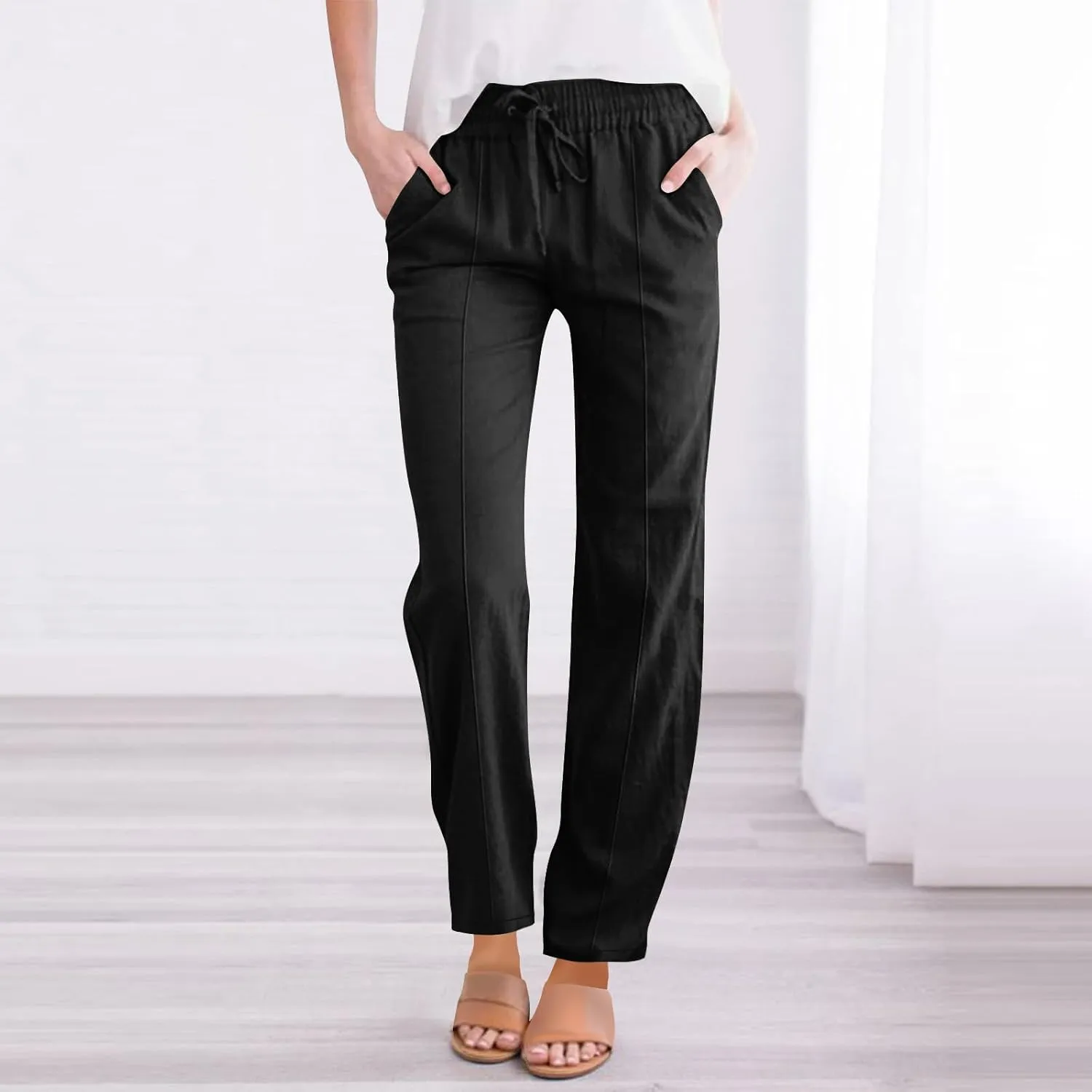 Women Linen Cotton Casual Pants Palazzo Drawstring Pockets Elastic Waist Wide Straight Leg Loose Long Slacks Trousers
