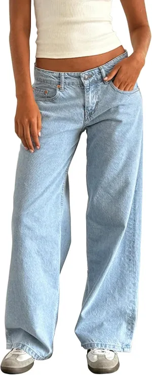 Women Low Rise Baggy Jeans Y2k Straight Wide Leg Boyfriend Viange Casual Denim Pants with Pockets