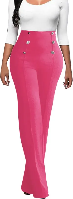 Women Plus Size Button-Down Bootcut Wide Leg Pants Sailor Bell Button Flare Pants Stretchy Long High Waist Business Trousers