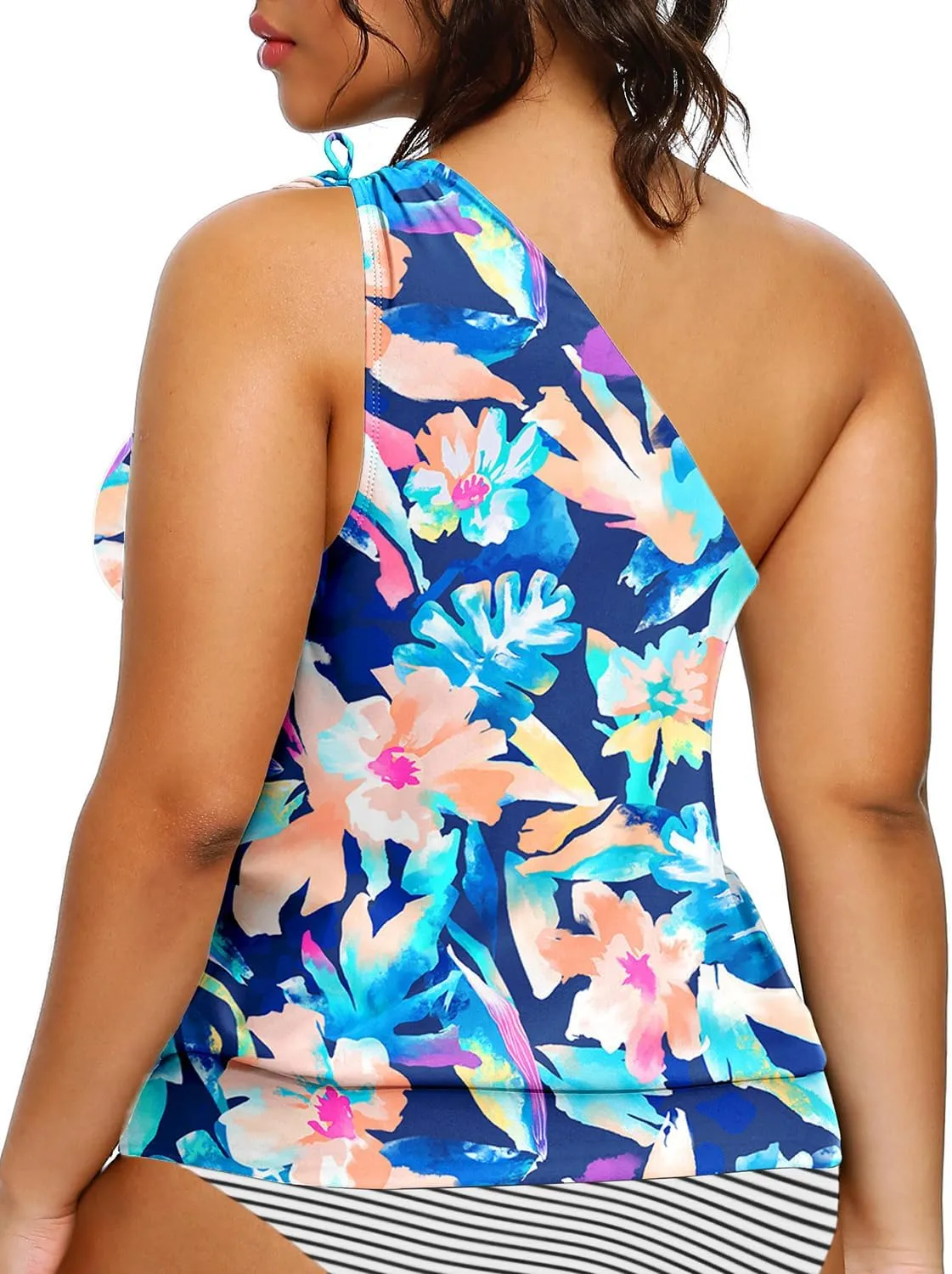 Women Plus Size Tankini Tops - 2025 Blouson Tummy Control Swim Top Only One Shoulder Bathing Suit Top No Bottom