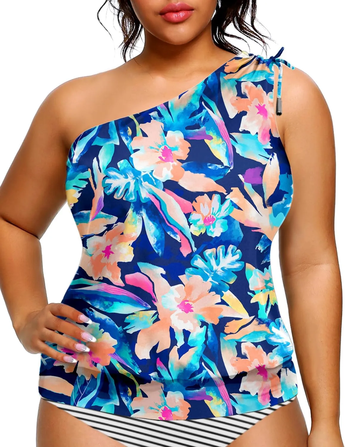 Women Plus Size Tankini Tops - 2025 Blouson Tummy Control Swim Top Only One Shoulder Bathing Suit Top No Bottom