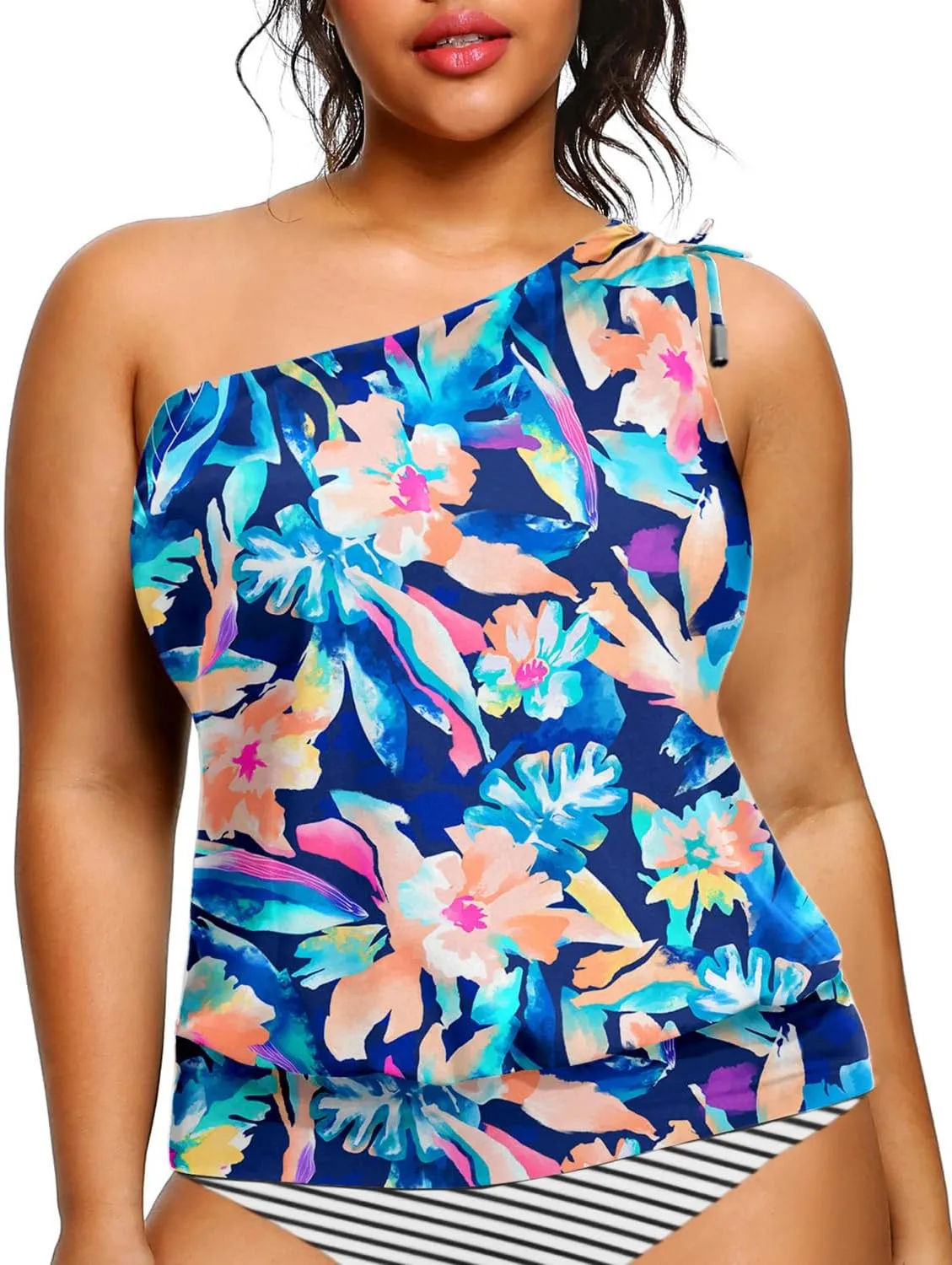 Women Plus Size Tankini Tops - 2025 Blouson Tummy Control Swim Top Only One Shoulder Bathing Suit Top No Bottom