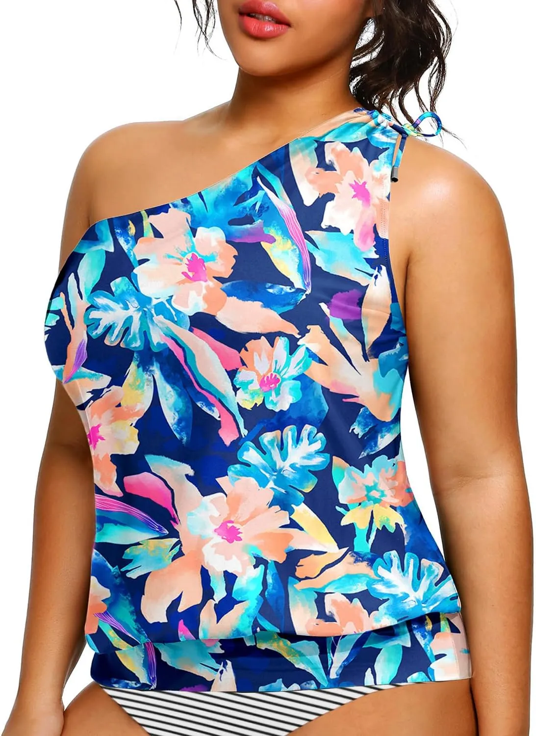 Women Plus Size Tankini Tops - 2025 Blouson Tummy Control Swim Top Only One Shoulder Bathing Suit Top No Bottom