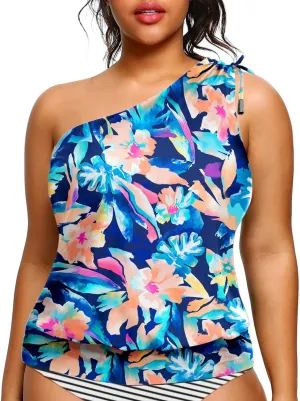 Women Plus Size Tankini Tops - 2025 Blouson Tummy Control Swim Top Only One Shoulder Bathing Suit Top No Bottom