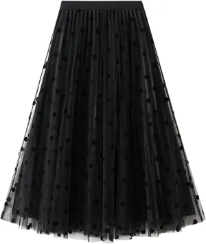 Women Polka Dot Print Fairy Midi Skirt Elastic Waist Tulle Tutu Skirts Layered Pleated A Line Skirts