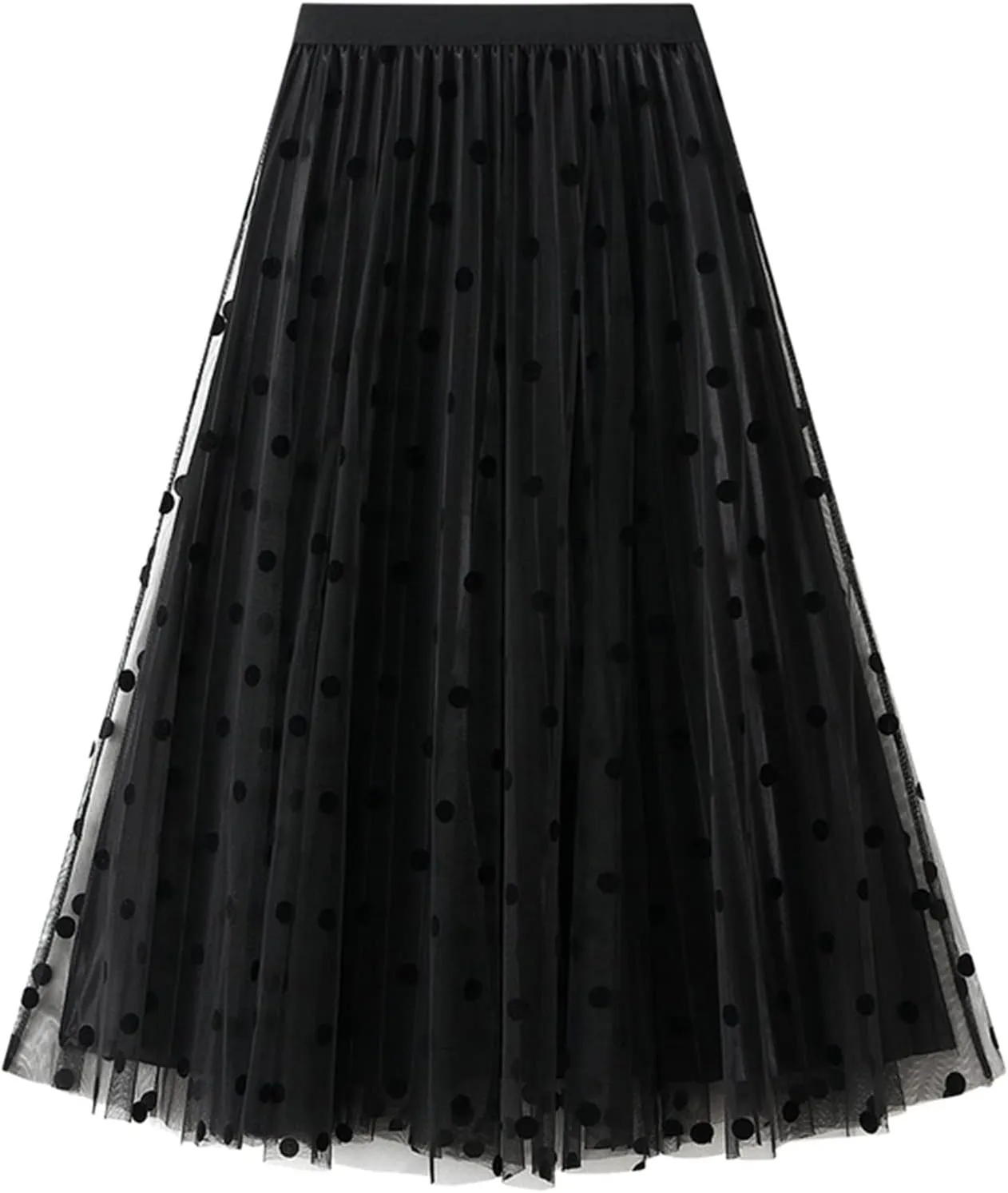 Women Polka Dot Print Fairy Midi Skirt Elastic Waist Tulle Tutu Skirts Layered Pleated A Line Skirts