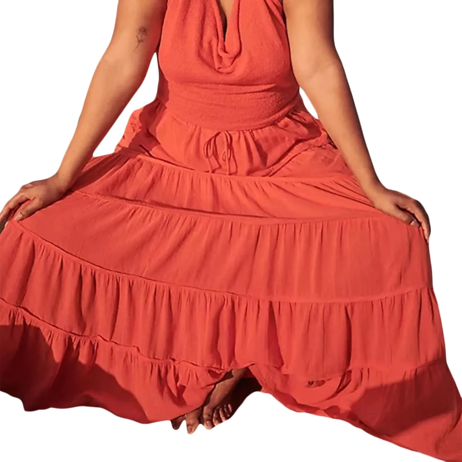 Women Ruffle A Line Long Skirt Casual High Waist Tiered Pleated Maxi Skirt Flowy Boho Skirt Trendy Midi Skirt