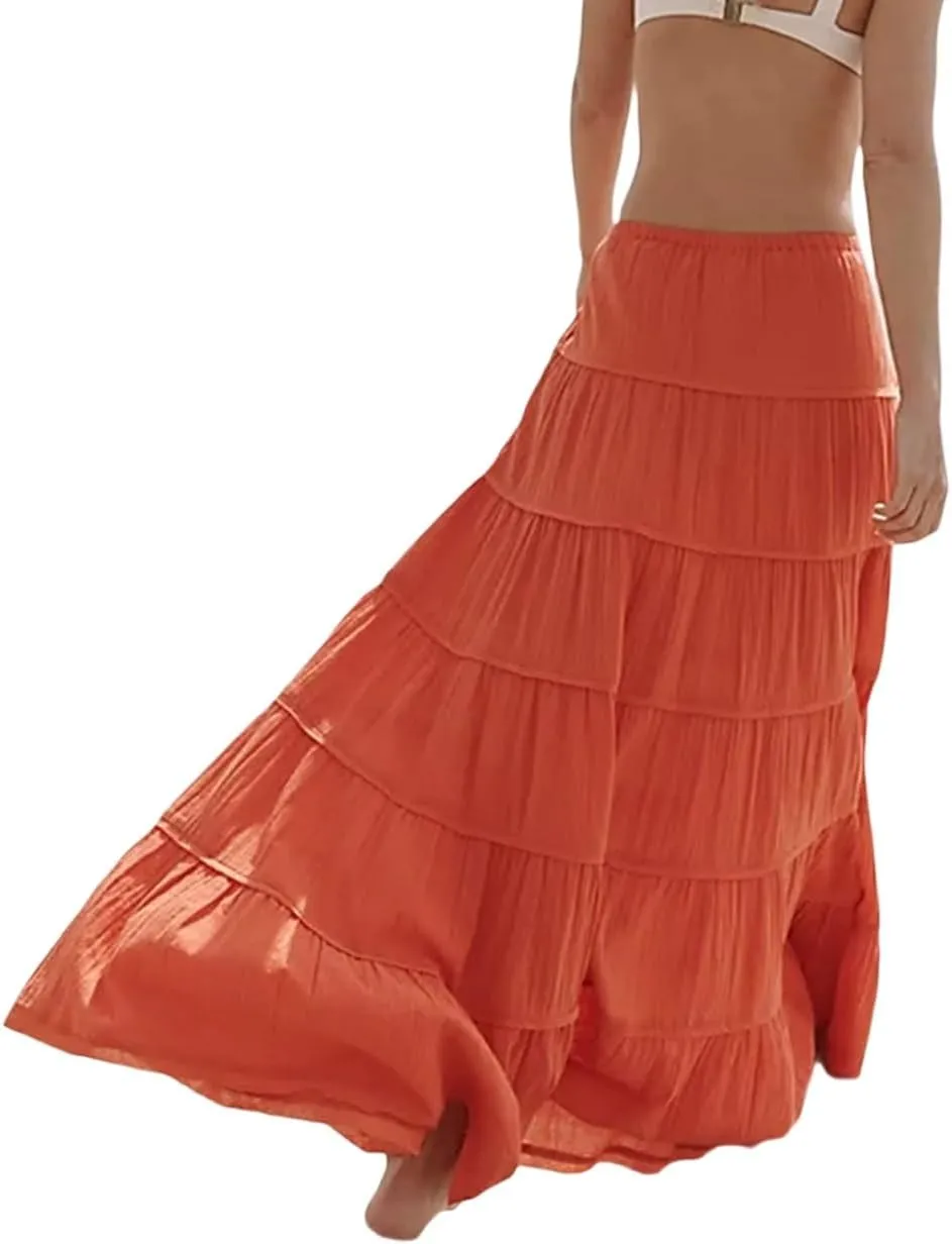 Women Ruffle A Line Long Skirt Casual High Waist Tiered Pleated Maxi Skirt Flowy Boho Skirt Trendy Midi Skirt