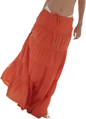 Women Ruffle A Line Long Skirt Casual High Waist Tiered Pleated Maxi Skirt Flowy Boho Skirt Trendy Midi Skirt