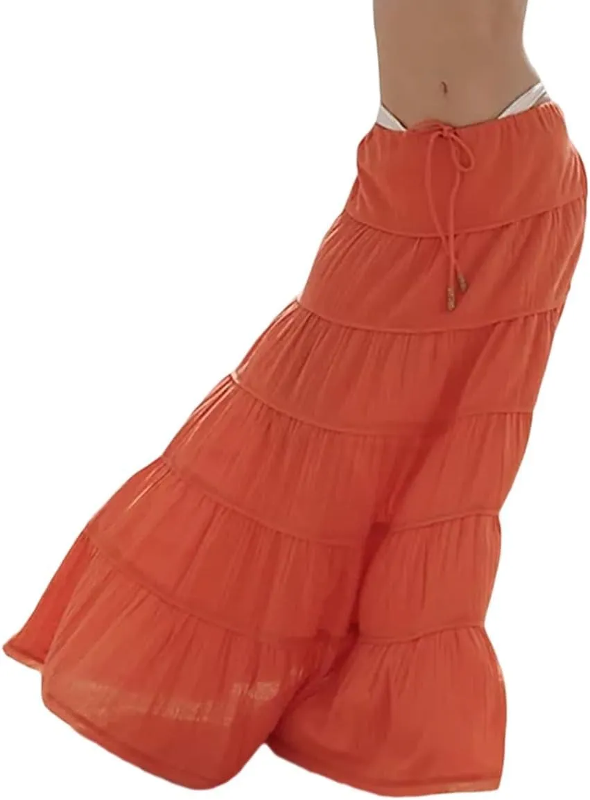 Women Ruffle A Line Long Skirt Casual High Waist Tiered Pleated Maxi Skirt Flowy Boho Skirt Trendy Midi Skirt