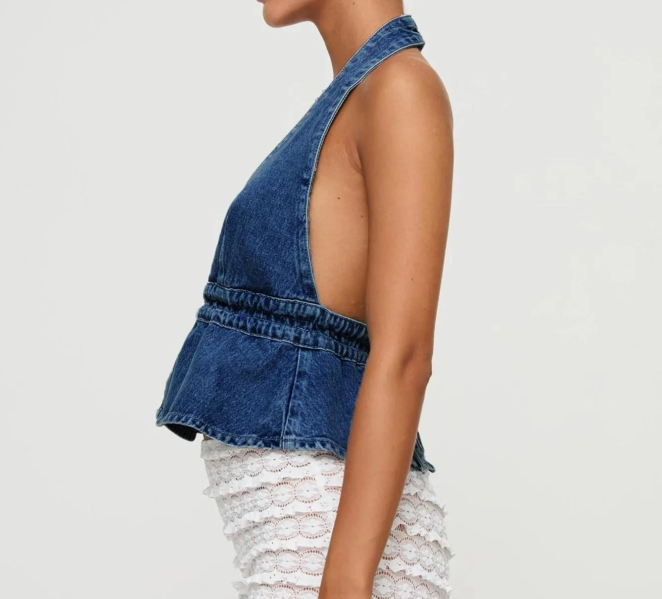 Women Sexy Deep V Neck Halter Denim Tank Top Tie Up Back Solid Color Backless Jean Vest Strapless Cropped Top